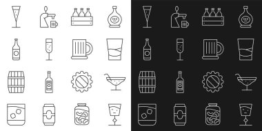 Çizgi şarap kadehi, kokteyl, bir bardak votka, şişe şarap ahşap kutu, şampanya, bira şişesi ve ahşap bira kupası ikonu. Vektör