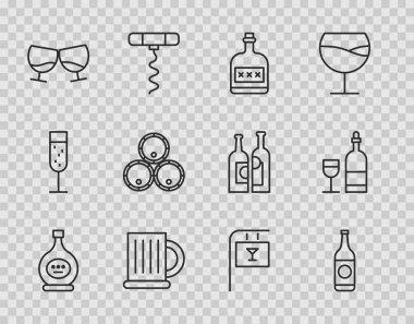 Konyak ya da brendi, bira şişesi, alkol içeceği rom, ahşap bira bardağı, bardak, fıçı, bar ve şarap bardağı ikonlu sokak tabelası. Vektör