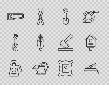 Gübre, yangın hortumu, kürek, su kovası, el testeresi, mısır, bitki ve kuş evi ikonu dolu bir paket için bahçe spreyi hazırlayın. Vektör