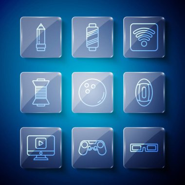 Set line Online oyun videosu, Gamepad, sinema gözlükleri, kablosuz internet ağı, bovling topu, dikiş ipliği, silgi ve Amerikan futbolu ikonu. Vektör