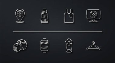 Hat yeri terzisi, iplik topu, iplik, dikiş ipliği, elbise dolabı ve kolsuz tişört ikonu. Vektör