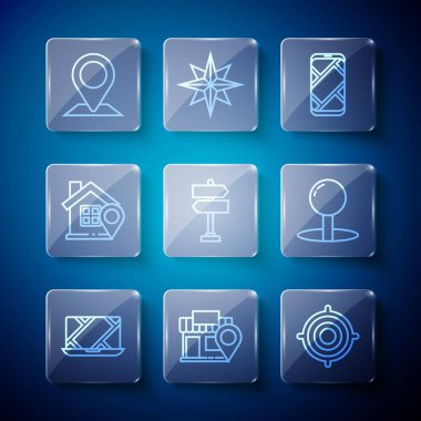 Hat şehir haritası navigasyon, mağazalı konum, hedef spor, yol trafik tabelası, ev ve pin simgesi belirle. Vektör