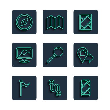 Satır konum belirleyicisi, rota konumu, şehir haritası navigasyonu, pusula, pusula ve ev simgesiyle GPS aygıtı ayarla. Vektör