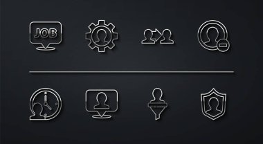 Konuşma baloncuğunu işle, Zaman Yönetimiyle, hesap ekranı oluştur, kafa avla, yer belirleyici, insan teçhizatı, kullanıcı koruması ve proje ekibi simgesi oluştur. Vektör