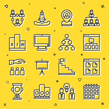 Satır Takvimi, Tarayıcı dosyaları, İşçi konumu, Bilgisayar monitörü, Kazanan podyum ödülü, Proje ekibi tabanı ve Hiyerarşi organogram grafik simgesi. Vektör