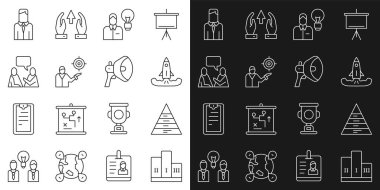 Kazanan podyum, piramit grafikleri, roket, ampullü insan, pazarlama hedef stratejisi, konuşan iki adam, İşçi ve Megafon ikonu. Vektör