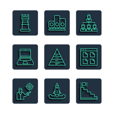 Satır pazarlama hedef stratejisi, Roket, bitiş bayrağıyla merdiven, hiyerarşi organizogram şeması, piramit bilgi grafikleri, dizüstü bilgisayar, İş ve Tarayıcı dosya simgesi. Vektör