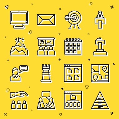 Satır Piramit grafik bilgisini ayarla, Konumu, Sahne Durağı veya Tribünü, Hedef ok, Eğitim, Sunum, Dağlar bayrağı, Bilgisayar monitörü ve Takvim simgesi ile katlanmış harita. Vektör