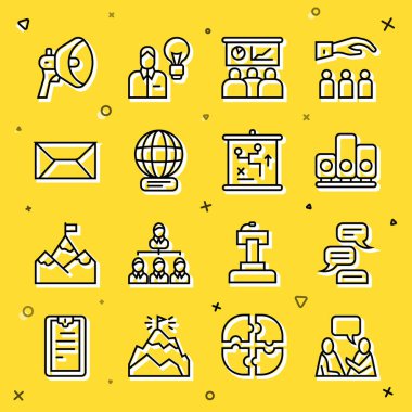 İkinci hatta oturan adamlar konuşuyor, konuşma balonu sohbeti, sıralama yıldızı, eğitim, sunum, dünya çapında, zarf, megafon ve planlama stratejisi ikonu. Vektör