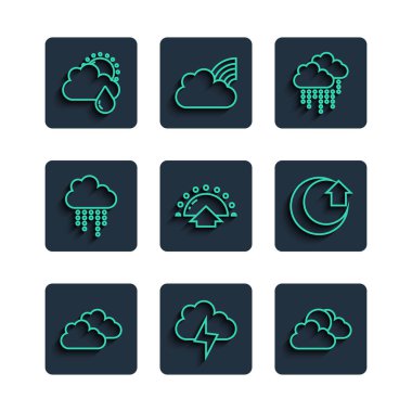 Bulut, Fırtına, Güneş ve bulutlu hava çizgisi, yağmur, güneş, ay ve güneş ikonu. Vektör