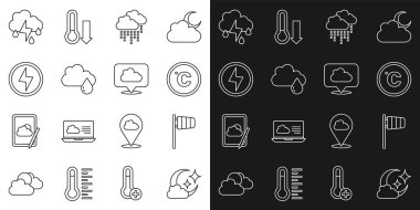 Cloud 'u ay ile, Cone rüzgar gülünü, Celsius' u, yağmuru, yıldırımı, şimşeği ve bulut ikonunu ayarlayın. Vektör