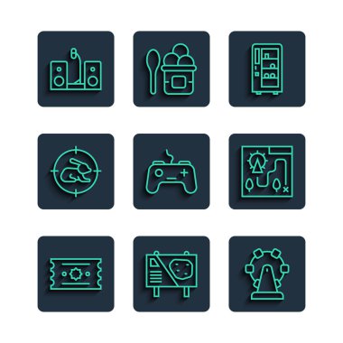 Biletleri ayarla, lunapark reklam panosu, dönme dolap, otomat, Gamepad, hedefli tavşan avı, ev teybi iki hoparlör ve harita ikonu. Vektör