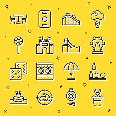 Sihirbaz şapkası ve tavşanı, şişe topu, dönme dolap, lunapark treni, Castle, lolipop, sandalyeli piknik masası ve su kaydırağı ikonu. Vektör