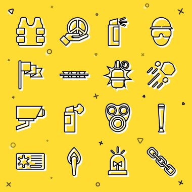 Halat halkası, polis lastik copu, uçan taş, biber gazı, dikenli tel, yer işareti, kurşun geçirmez yelek ve el bombası ikonu. Vektör