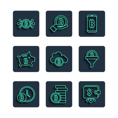 Saati olan Bitcoin hattını ayarla, Kripto para cüzdanı, cep telefonu, bulut madenciliği, domuz kumbarası, devre ve satış hunisi ikonu. Vektör
