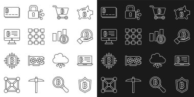 Hat kalkanını bitcoin ile ayarla, dizüstü bilgisayardan madencilik, el bilgisayarı, alışveriş arabası, blok zinciri teknolojisi, monitör, kredi kartı ve pasta grafikleri ikonu. Vektör