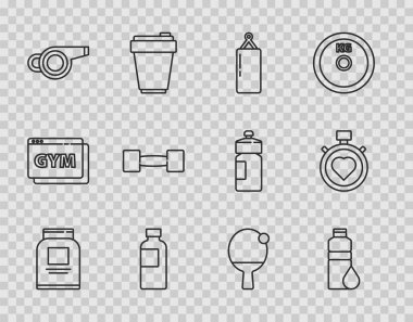 Çizgi Sports beslenme, fitness karıştırıcı, kum torbası, ıslık, aptal, raket, top ve kalp merkezi kronometre ikonu. Vektör