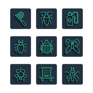 Örümcek, Arılar için Kovan, Termit, Basınç spreyi, Kolorado böceği, Böcek geyiği, Kelebek ağı ve ikon. Vektör