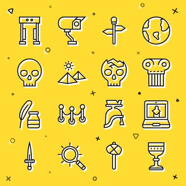 Orta Çağ Kadehi, Çevrimiçi Müze, Eskiler sütunu, Yol Trafik İşareti, Mısır Piramitleri, İnsan Kafatası, Metal Detektörü ve Kırık İnsan Simgesi. Vektör