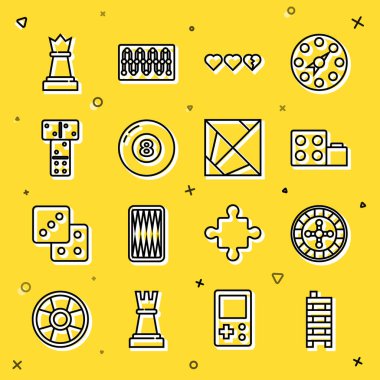 Mahjong parçaları, kumarhane ruleti, oyuncak taş tuğlalar, maç kalpleri, bilardo topu, Domino, Satranç ve Rubik küp ikonu. Vektör