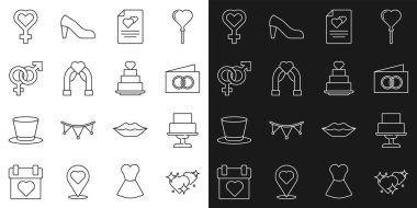 Satır İki Bağlı Kalpler, Düğün pastası, tebrik kartı, kemer, cinsiyet, kadın cinsiyet sembolü ve kalp ikonu. Vektör