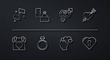 Set satırı Müzik Notası, Takvim, Oklu Amour, Baş, Elmas nişan yüzüğü, Kalp anahtar deliği ve Cinsiyet simgesi. Vektör