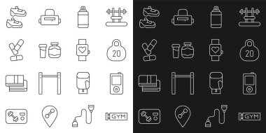 Set hattı konum spor salonu, müzik çalar, kettlebell, kum torbası, spor beslenmesi, vitamin hapı, spor ayakkabıları ve Smart watch ikonu. Vektör