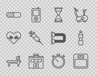 Barbel, banyo terazisi, eski kum saati, spor salonu, vitamin hapı, Doping şırıngası, Kronometre ve bir şişe su ikonu. Vektör