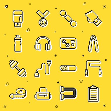 Çizgi spor eğitim programı, atlama ipi, genişletici, Dumbbell, kulaklıklar, fitness karıştırıcı, boks eldiveni ve kulüp, spor kartı ikonu. Vektör