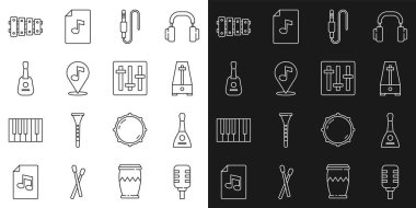 Hat hattı: Mikrofon, Balalaika, sarkaclı Metronome, Ses Jack, Konum notası, Gitar, Ksilofon ve Ses Karıştırıcı ikonu. Vektör