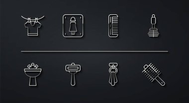 İpi kurulama, lavaboyu su musluğuyla yıkama, tuvalet fırçası, havluyu askıda tutma, tıraş bıçağı, kadın tuvaleti, saç fırçası ve ikon. Vektör