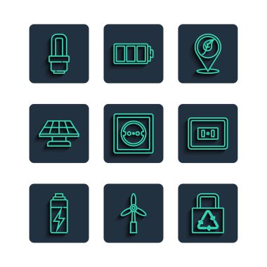Batarya, rüzgar türbini, geri dönüşümlü kağıt torba, konum yaprağı, elektrik prizi, güneş enerjisi paneli, LED ampul ve simge ayarla. Vektör