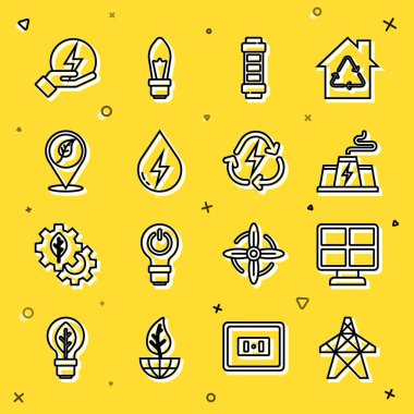 Elektrik kulesi, güneş enerjisi paneli, elektrik santrali fabrikası, pil, su, yapraklı konum, yıldırım ve geri dönüşüm simgesi. Vektör