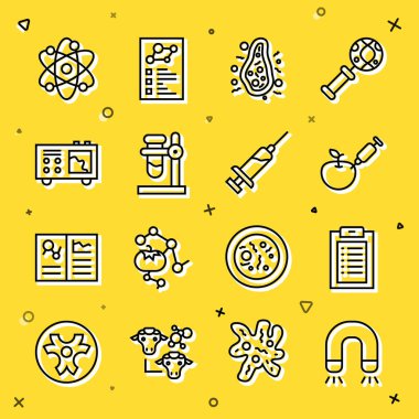 Sıra mıknatısı, klinik kaydı, genetik olarak modifiye edilmiş elma, bakteri, test tüpü şişesi, spektrometre, atom ve şırınga ikonu. Vektör