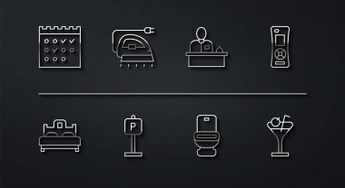 Otel rezervasyon takvimi, yatak odası, uzaktan kumanda, klozet, park yeri, elektrikli ütü, martini bardağı ve resepsiyon masası ikonu. Vektör