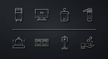 Buzdolabı, otel servis zili, kapı kolu, park yeri, elektrik prizi, akıllı televizyon, bahşiş ödeme ve havlu ikonu. Vektör