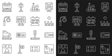 Hat güzergahı, elektrik prizi, bekleme odası, camlı şarap şişesi, bilet almak için bilet ofisi, tren istasyonu saati, yolcu vagonları ve son tren yolu ikonu. Vektör