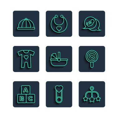 ABC blokları, bebek kıyafetleri broşu, bebek arabası, şapka ve lolipop ikonu. Vektör