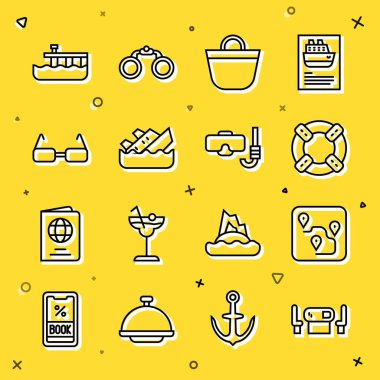 Poker masası, güzergah konumu, Lifebuoy, sahil çantası, batan yolcu gemisi, gözlük, rıhtım ve dalış maskesi ve şnorkel ikonu. Vektör