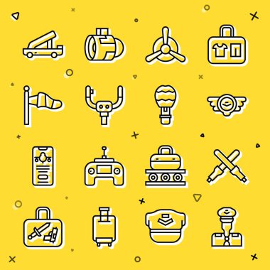 Hat Kılavuzu, Marshalling Asa 'sı, Havacılık Amblemi, Uçak Pervanesi, Uçak Direksiyon Dümeni, Koni Meteoroloji Rüzgarlığı, Yolcu Merdiveni ve Sıcak Hava Balonu ikonu. Vektör