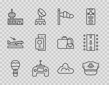 Hattı ayarlayın. Sıcak hava balonu, Pilot şapkası, koni meteoroloji rüzgarlığı, uzaktan kumanda, havalimanı kulesi, biletli pasaport, bulutlu hava durumu ve pist ikonu. Vektör