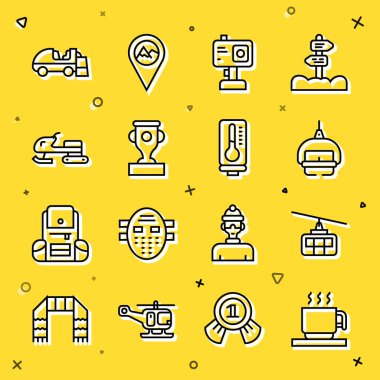 Set hattı Sıcak çikolata bardağı, kablo araba, kayak kaldırma, aksiyon kamerası, ödül, kar arabası, buz yüzeyi ve meteoroloji termometresi ikonu. Vektör