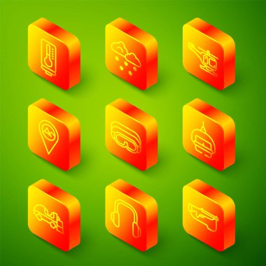 Meteoroloji termometresi, karlı bulut, kurtarma helikopteri, konum dağı, kayak gözlüğü, kaldırma, buzu diriltme ve kış kulaklığı ikonu. Vektör