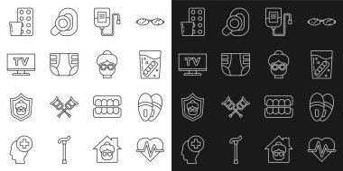 Kalp atış hızı, terlikler, camdan sahte çene, serum torbası, yetişkin bezi, akıllı televizyon, haplar ve büyükanne ikonu. Vektör