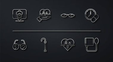 Sabit hat bakım evi, gözlük, ilaç hapı veya tablet, kalp atışı, baston baston, kan basıncı ve ikon. Vektör