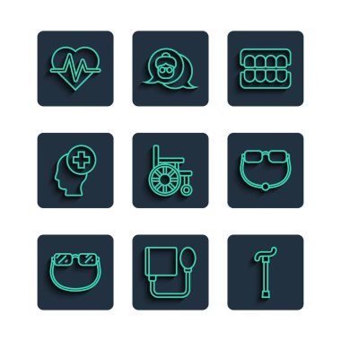 Gözlük, kan basıncı, baston baston, sahte çene, tekerlekli sandalye, hastane erkek kafası, kalp atış hızı ve ikon. Vektör