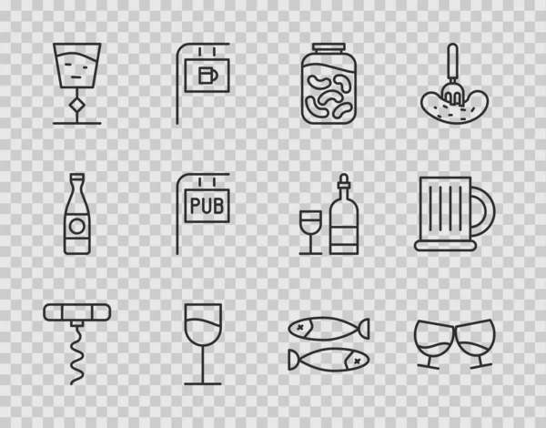 设置系列葡萄酒瓶塞螺丝 白兰地杯 泡菜罐 玻璃杯 街道标牌与酒吧 干鱼和木制啤酒瓶图标 — 图库矢量图片