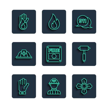 İtfaiyeci eldivenleri, telefon 911 'i, alarm sistemini, miğferi, yangın ve balta ikonu yok. Vektör