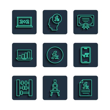 Satır Abacus, Çizim pusulası, Fonksiyon matematiksel sembolü, Sertifika şablonu, grafik grafikli dizüstü bilgisayar, Karton tahta ve x simgesinin kare kökü. Vektör