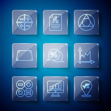 Satır Hesap Makinesi, x 'in kare kökü, üçgen matematiği, indirimli yüzde etiketi, akut trapezoid şekli, XYZ koordinat sistemi ve grafik, zamanlama, diyagram simgesi. Vektör
